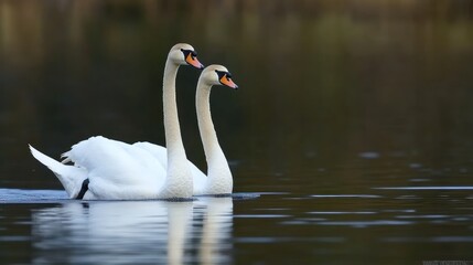 Fototapeta premium Two elegant white swans gliding gently on a tranquil lake, side by side, reflecting in the dark water