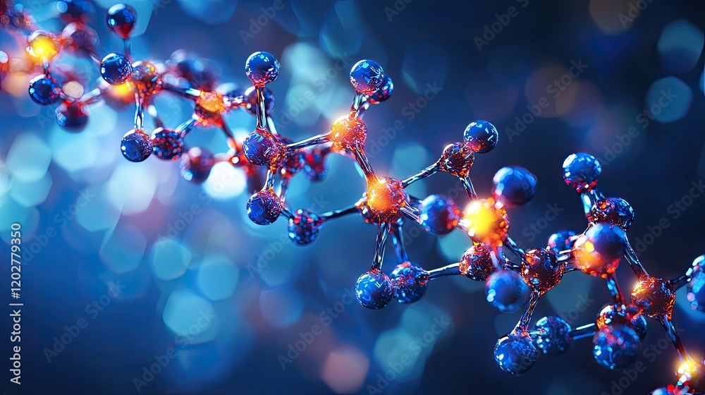 Poster This abstract digital illustration depicts interconnected molecular structures with glowing nodes, representing innovation and scientific research in a vibrant dark blue
