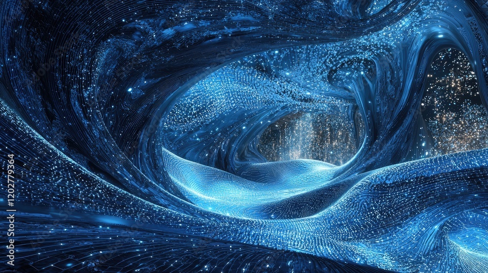 Poster This image showcases a stunning blue digital landscape filled with intricate lines and points, symbolizing connectivity and depth in a high-tech environment.
