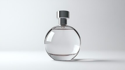 A clear glass perfume bottle with a sleek silver cap, designed for fragrance storage.
