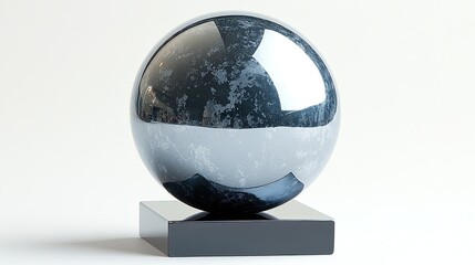 A polished black sphere on a sleek base, showcasing reflective surfaces and modern design.