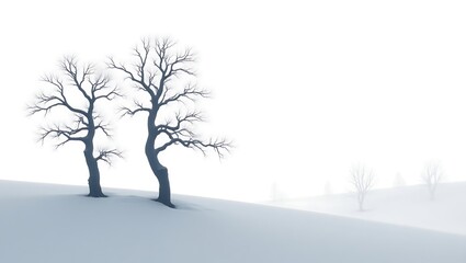 Fototapeta premium Two Bare Trees on a Snowy Hill in a Misty Landscape