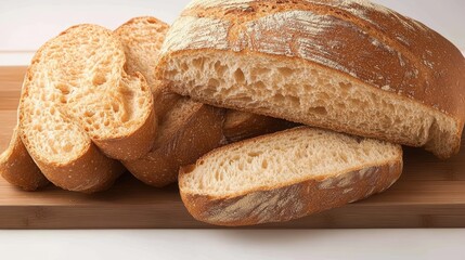 A loaf of crusty bread, sliced neatly, resting on a wooden board, showcasing its light texture and golden-brown crust.