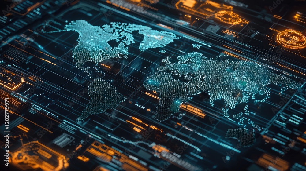 Fototapete Digital abstract finance background featuring colorful data graphs over a world map, ideal for visualizing market trends and investment strategies in economics.