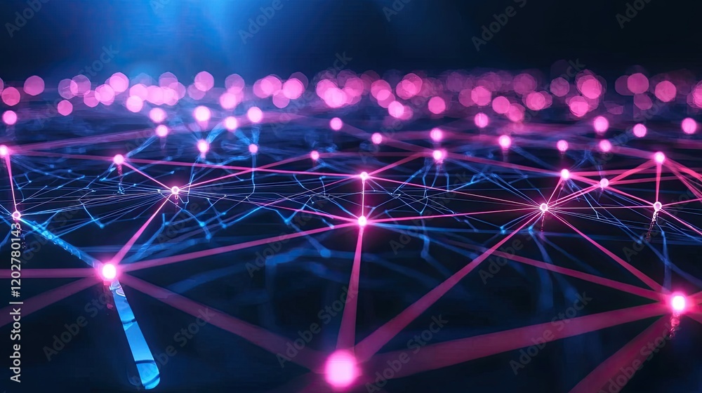 Poster Explore an abstract representation of technology with neon glowing lines and cubes that create a mesmerizing digital network against a dark backdrop.