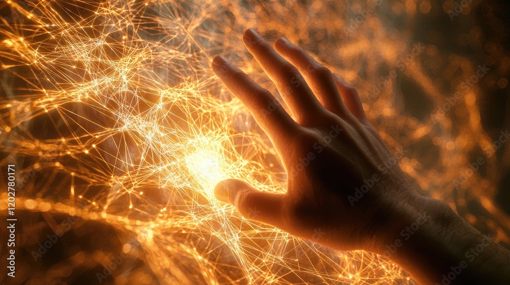Poster A captivating image illustrating the connection between human touch and digital technology, featuring a hand reaching towards an illuminated point in a network of abstrac