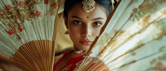 A woman in traditional attire peeks through ornate fans, exuding elegance and cultural grace in soft light.