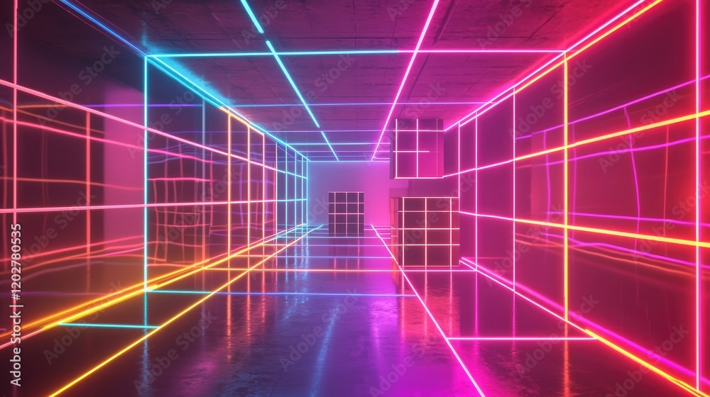 Poster Explore an abstract representation of technology with neon glowing lines and cubes that create a mesmerizing digital network against a dark backdrop.