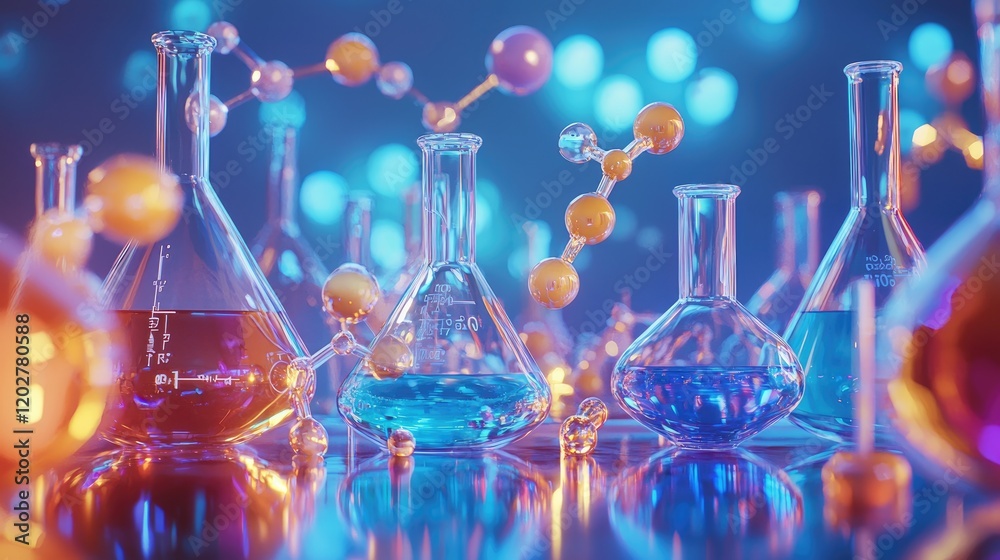 Poster explore the world of chemistry with this image featuring laboratory glassware, molecular structures,