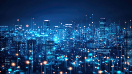 Obraz premium A stunning futuristic urban cityscape at night featuring blue neon lights and digital elements that highlight modern architecture and technological innovation.