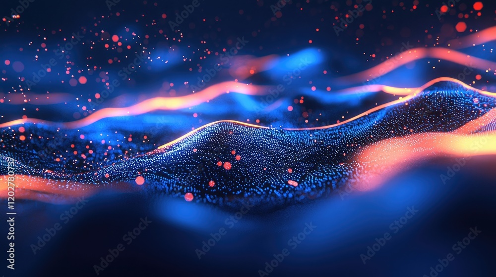 Poster This image features a stunning abstract digital background showcasing blue lines and glowing dots, symbolizing data flow and technology in a vibrant 3D space.
