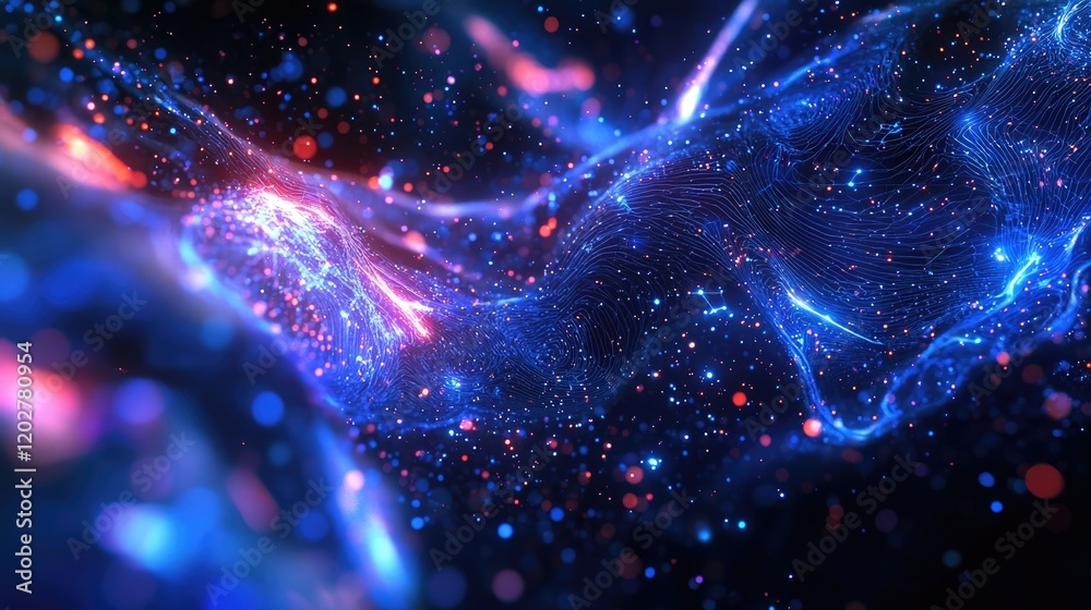 Poster This image features a stunning abstract digital background showcasing blue lines and glowing dots, symbolizing data flow and technology in a vibrant 3D space.