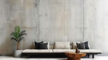 Minimalistic Japandi Loft Living Room Interior Design with Empty Concrete Wall for Modern Homes - Copy Space Available