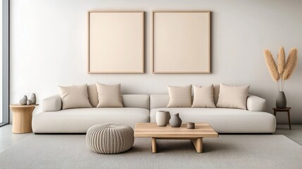 Japandi Living Room with Rustic Elements: Grey Sofa, Knitted Poufs, and Beige Pillows