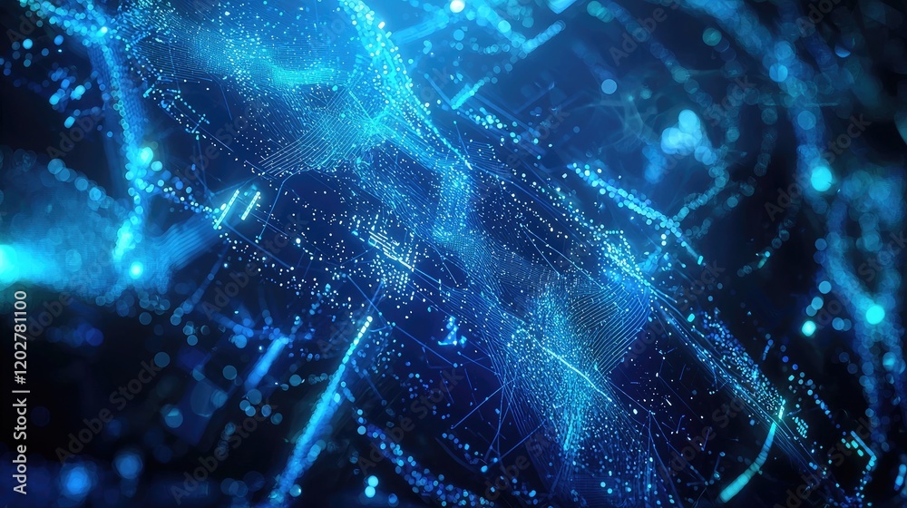 Poster This image captures a dynamic digital background featuring abstract financial data visualization, with glowing chart lines and graphs in blue tones, illustrating market t