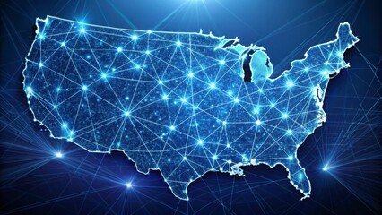 Abstract representation of the United States with glowing network connections symbolizing technology, communication, and data flow across the country in a futuristic design