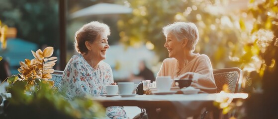 Two elderly women share laughter at an outdoor café, surrounded by lush greenery and warm sunlight, capturing a moment of friendship and joy.