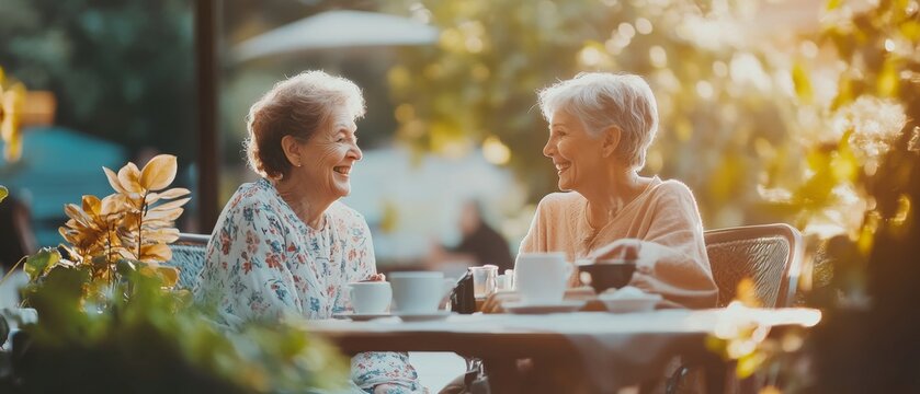 Two elderly women share laughter at an outdoor café, surrounded by lush greenery and warm sunlight, capturing a moment of friendship and joy.