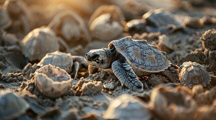 Little turtles emerging from egg shells on the shore
