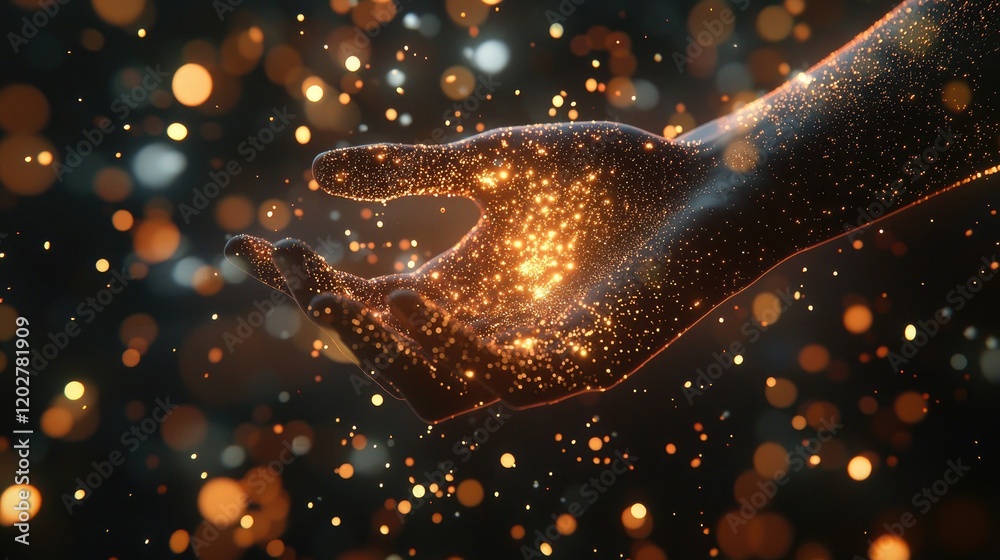 Aufkleber a captivating representation of a human hand touching digital particles, lighting up a dark backgrou