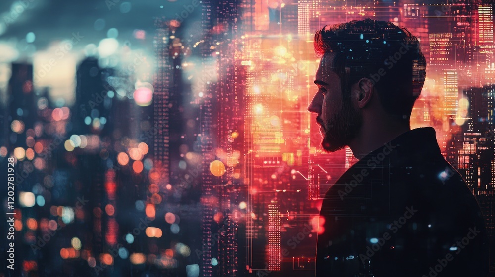 Aufkleber this striking image showcases a man s profile set against a vibrant cityscape and digital data overl