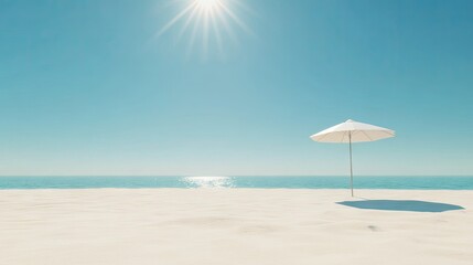 Fototapeta premium A lone beach umbrella on a pristine sandy beach, with the sun shining brightly under a clear blue sky.