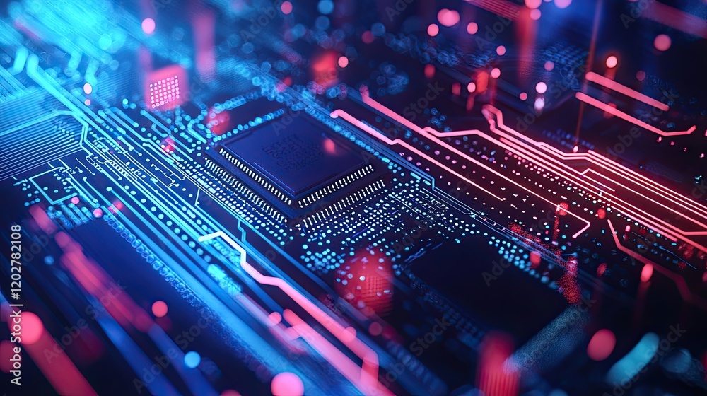 Poster This image features a microchip in a vibrant blue electronic circuit background, symbolizing advanced technology and the future of computing systems and innovation.