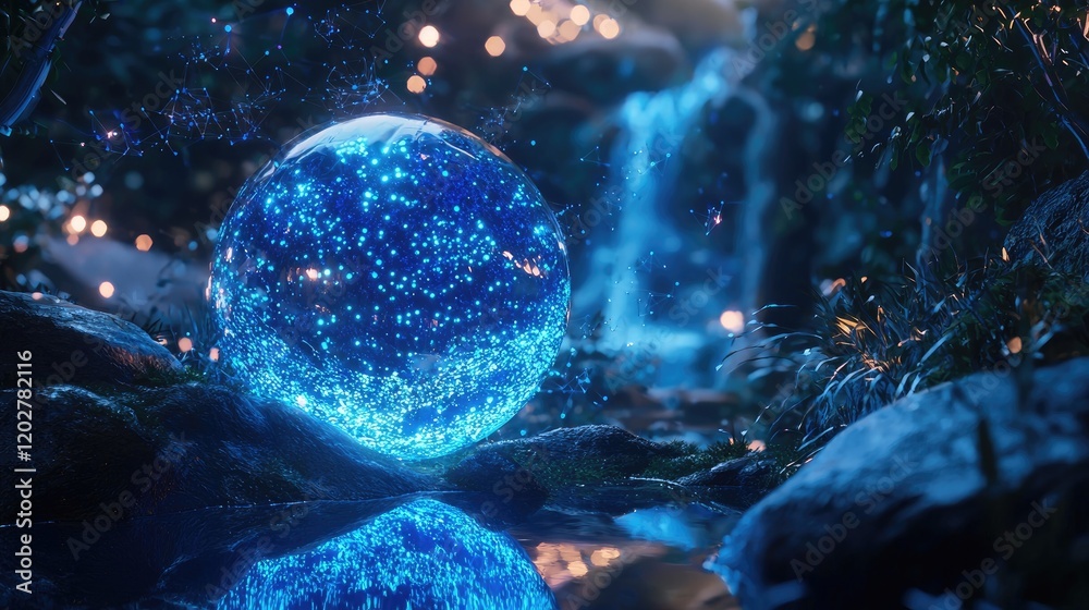 Poster explore a mesmerizing digital landscape filled with glowing blue particles, data elements, and a hig
