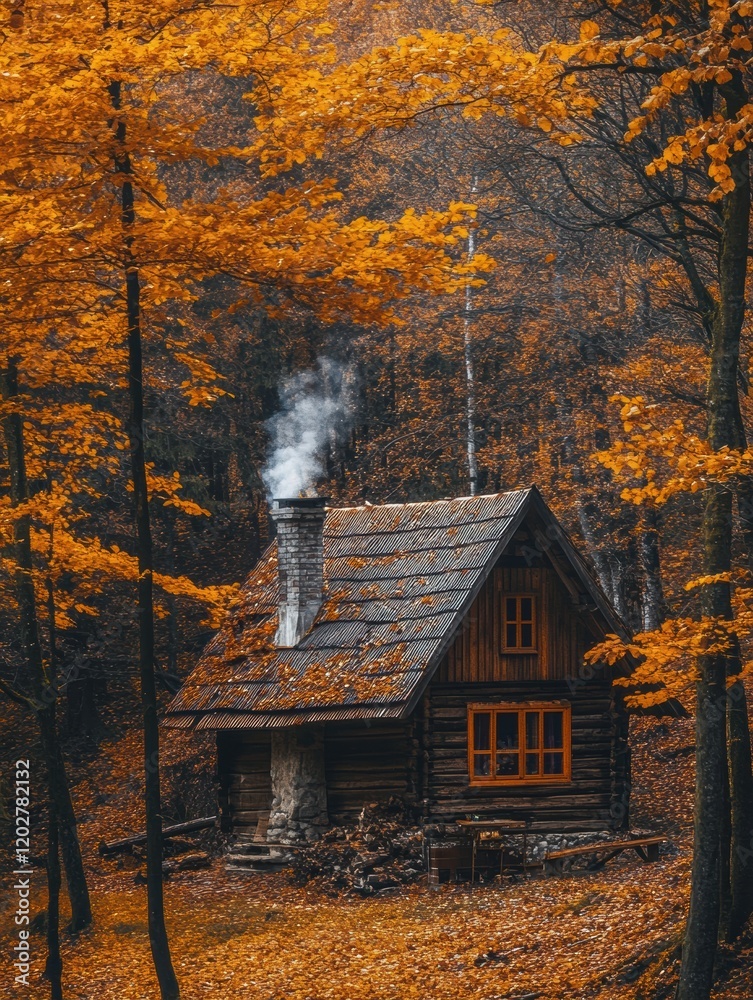 Aufkleber Rustic log cabin surrounded by vibrant autumn foliage in a tranquil forest setting. Generative AI