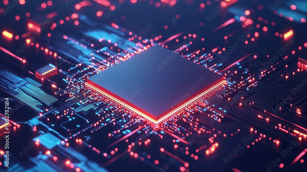 Poster This image features a microchip in a vibrant blue electronic circuit background, symbolizing advanced technology and the future of computing systems and innovation.