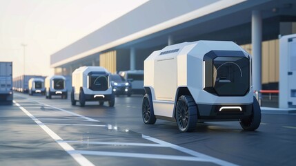 Autonomous electric delivery vehicles parked at a futuristic urban transportation hub showcasing innovative logistics and last mile delivery solutions for the smart cities of the future