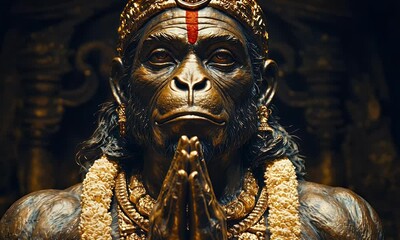 Praying Hanuman statue, temple setting, India, religious devotion, spiritual imagery