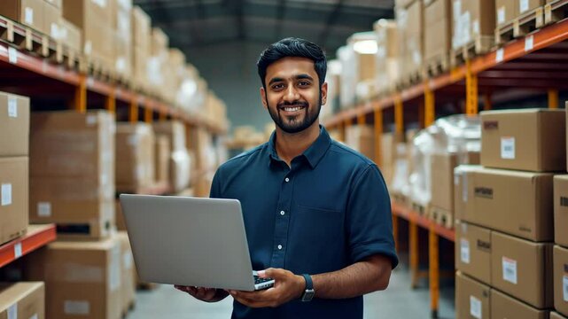A guy Indian warehouse manager in a distribution center using a laptop. Supervisor of warehouse packages