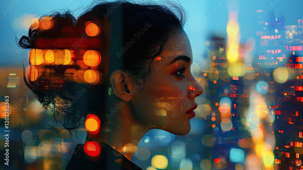 Aufkleber an artistic portrayal of a womans profile seamlessly merging with a vibrant cityscape, illustrating 