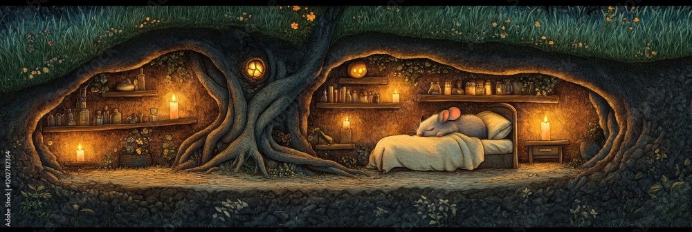 Poster cozy mouse burrow with warm lighting and rustic decor nestled under a large tree at twilight. genera