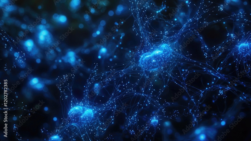 Poster Intricate abstract visual of glowing blue connections and dots against a dark backdrop, symbolizing the complexity of digital networks and technological communication.