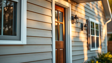 Fototapeta premium Captivating Golden Hour: A Dream Home's Exterior, Showcasing Exquisite Architectural Design and Warm Natural Light