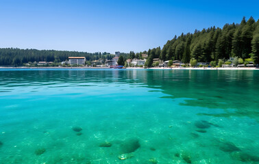 Obraz premium A tropical beach with palm trees and clear blue waters, surrounded by sandy beaches and clear skies.