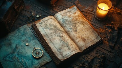 Antique map book, candlelight, compass, travel planning