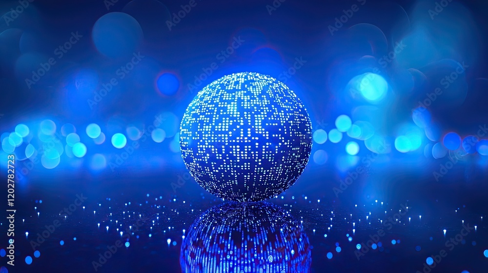 Poster A stunning digital illustration of a globe composed of binary code and glowing dots, representing global connectivity and technological innovation in a modern blue settin