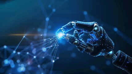 Robotic hand emitting vibrant digital energy and sparks in a futuristic high tech space backdrop  Concept of intelligence technological innovation and scientific progress