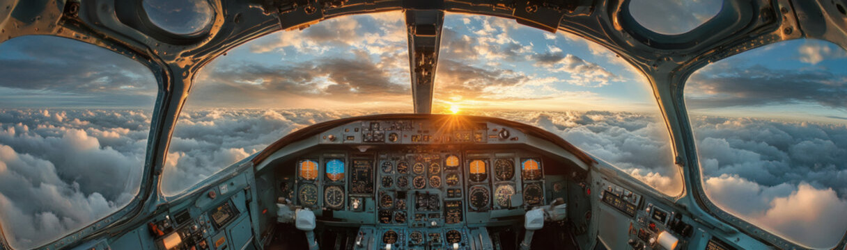 Airplane cockpit view at sunset, showcasing modern avionics and the breathtaking sky from a pilot's perspective.

