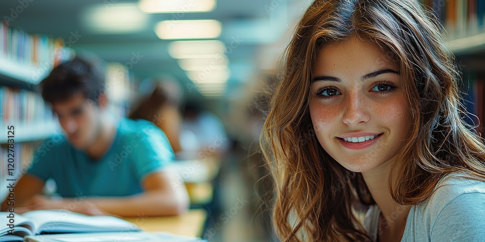 Poster a pair of mature students in a library, studying together with open textbooks and taking notes, deep