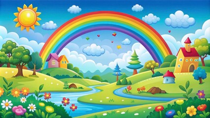 Obraz premium Vibrant and Whimsical Cartoon Landscape with Rainbow, Sun, Flowers, and Quaint Houses in a Bright Blue Sky Ideal for Children’s Art Projects and Designs