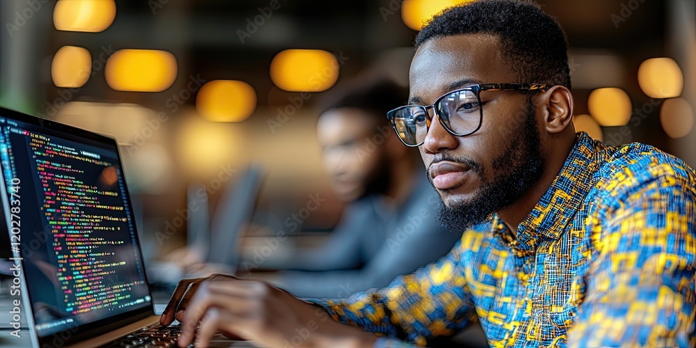 Aufkleber In a close-up shot, two programmers are typing code on advanced laptops featuring holographic displays, their faces reflecting intense focus in a high-tech workspace.
