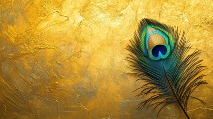 Colorful peacock feather resting elegantly on a textured golden background with rich hue and vibrant details. Generative AI © Anat art