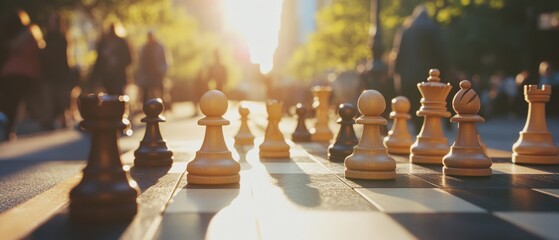 Chess pieces line a sunlit street, symbolizing strategic play amid the daily hustle and bustle of city life.