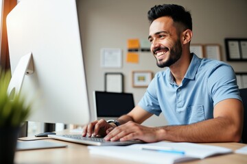 Smiling Man Working at Desk on Computer in Modern Office with Natural Light and Fresh Green Plant Decor Enhancing Productive Workspace