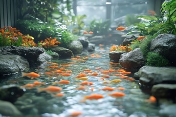 Serene goldfish pond, lush greenery, tranquil scene.