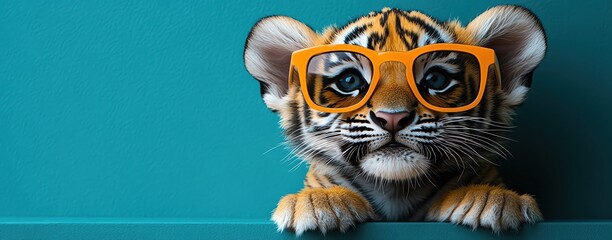 Fototapeta premium Cute tiger cub wearing sunglasses against a teal background, playful and cool